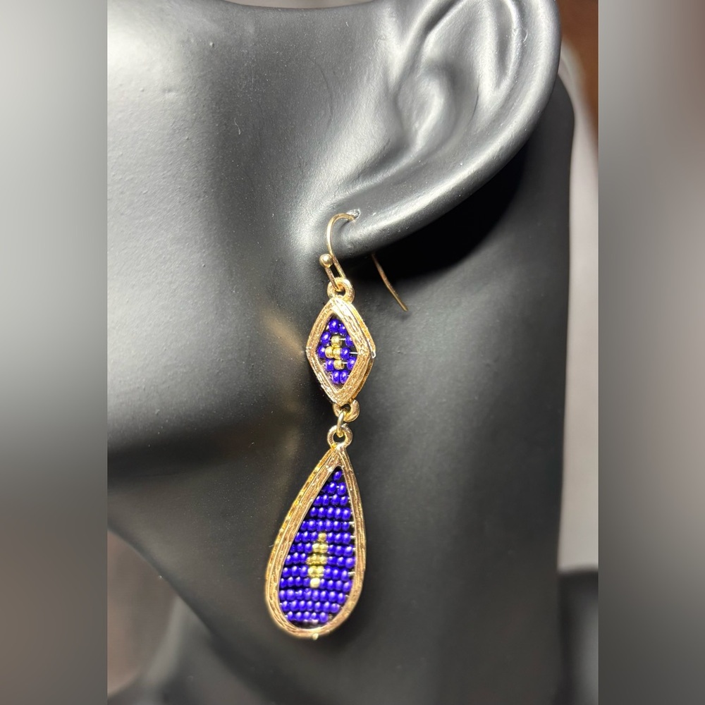 Gold & Blue Hand Beaded Teardrop Earrings - Picture 3 of 5